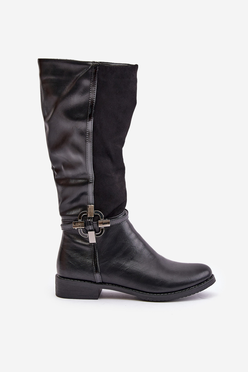 Insulated flat heel boots with decorative buckle black Leatharia