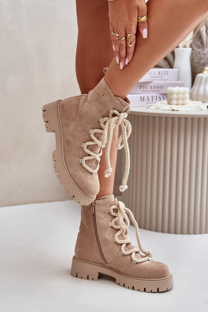 Insulated ankle boots made of eco suede with a zip light beige Caellita