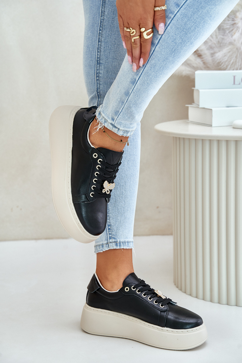 Women's leather platform sneakers with Vinceza brooch black