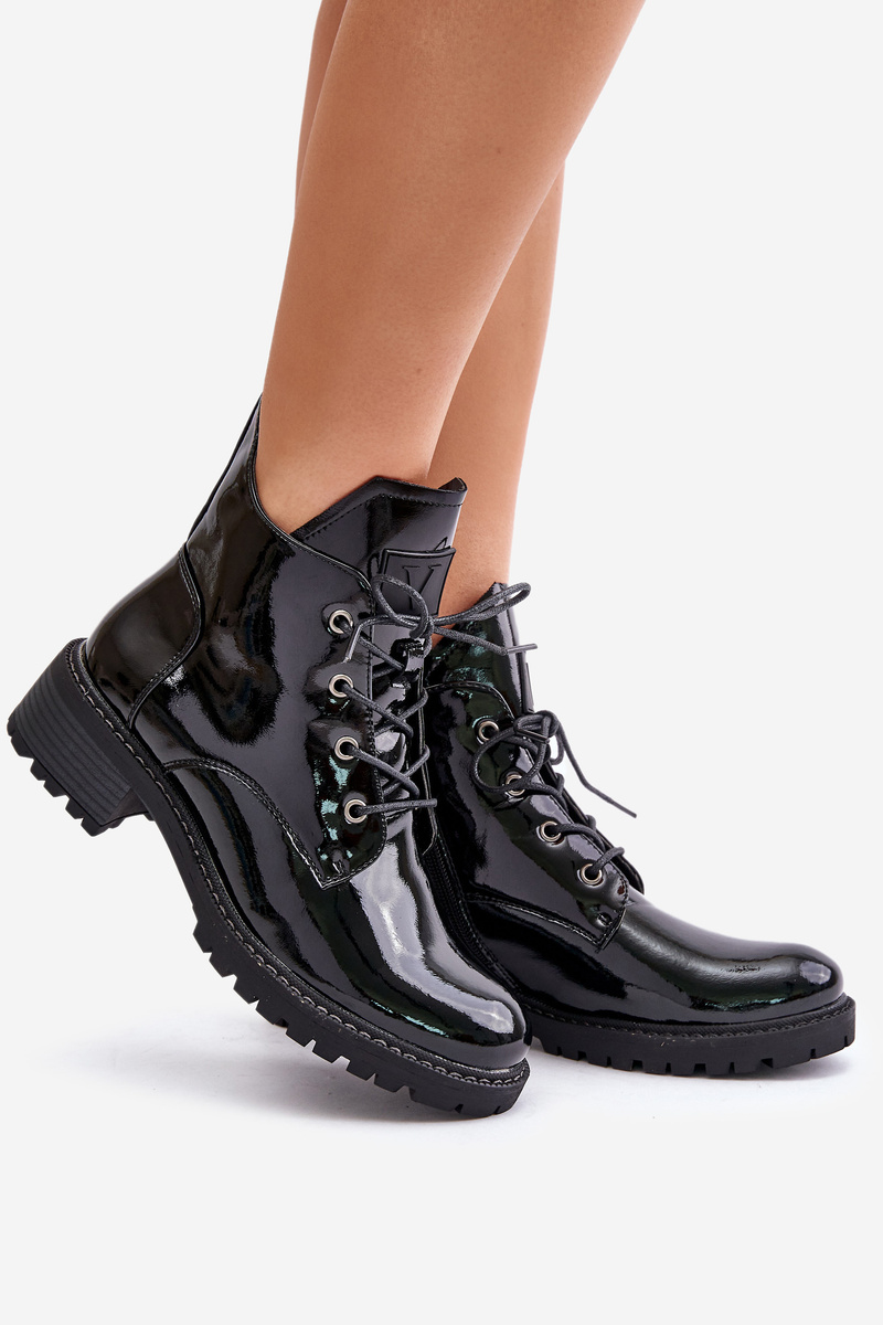 Insulated women's ankle boots on a low heel lacquered Vinceza black