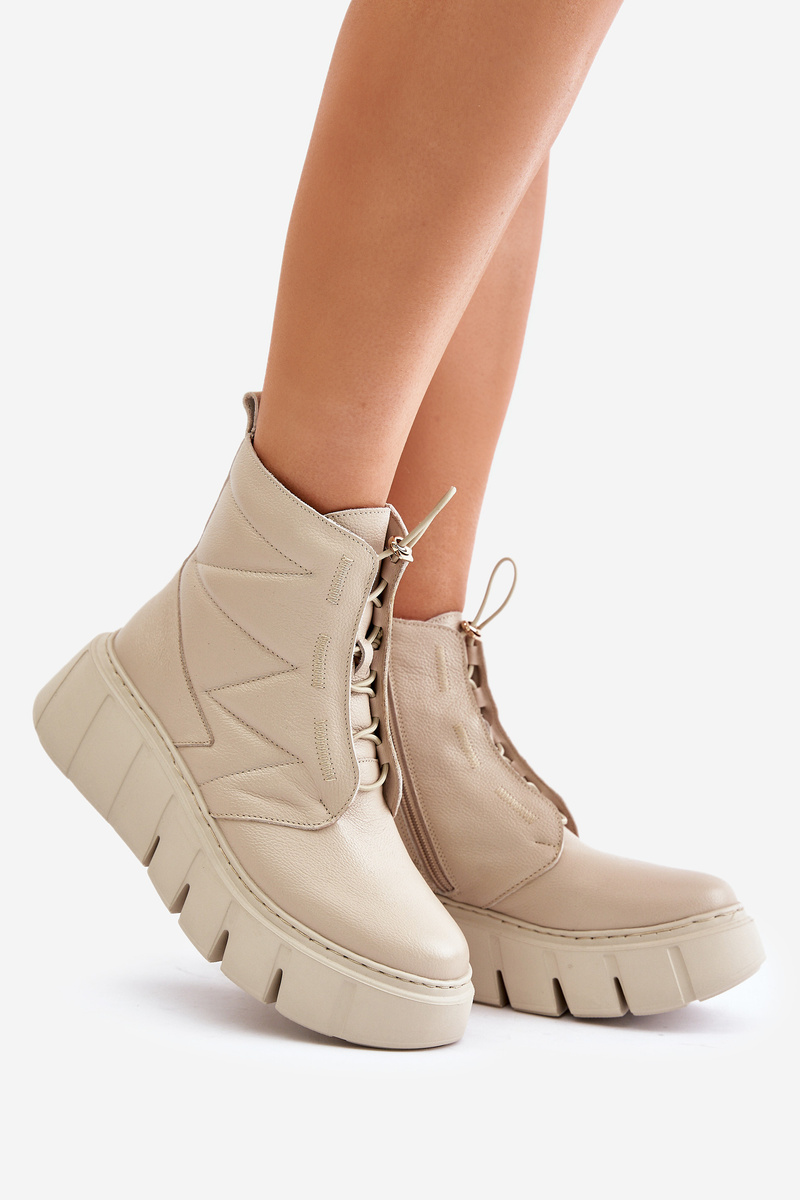 Zazoo Leather Ankle Boots On Platform And Wedge Beige