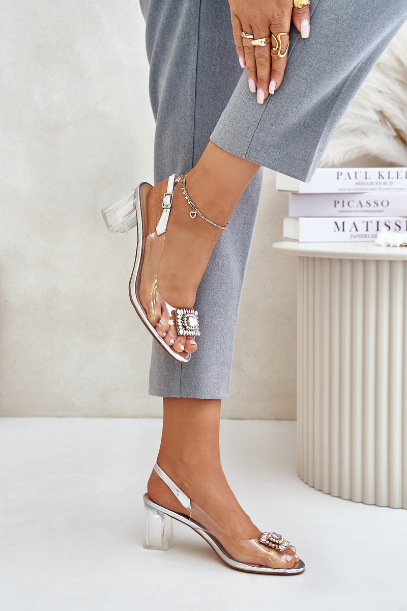 Transparent sandals with a brooch on a heel D&amp;A silver