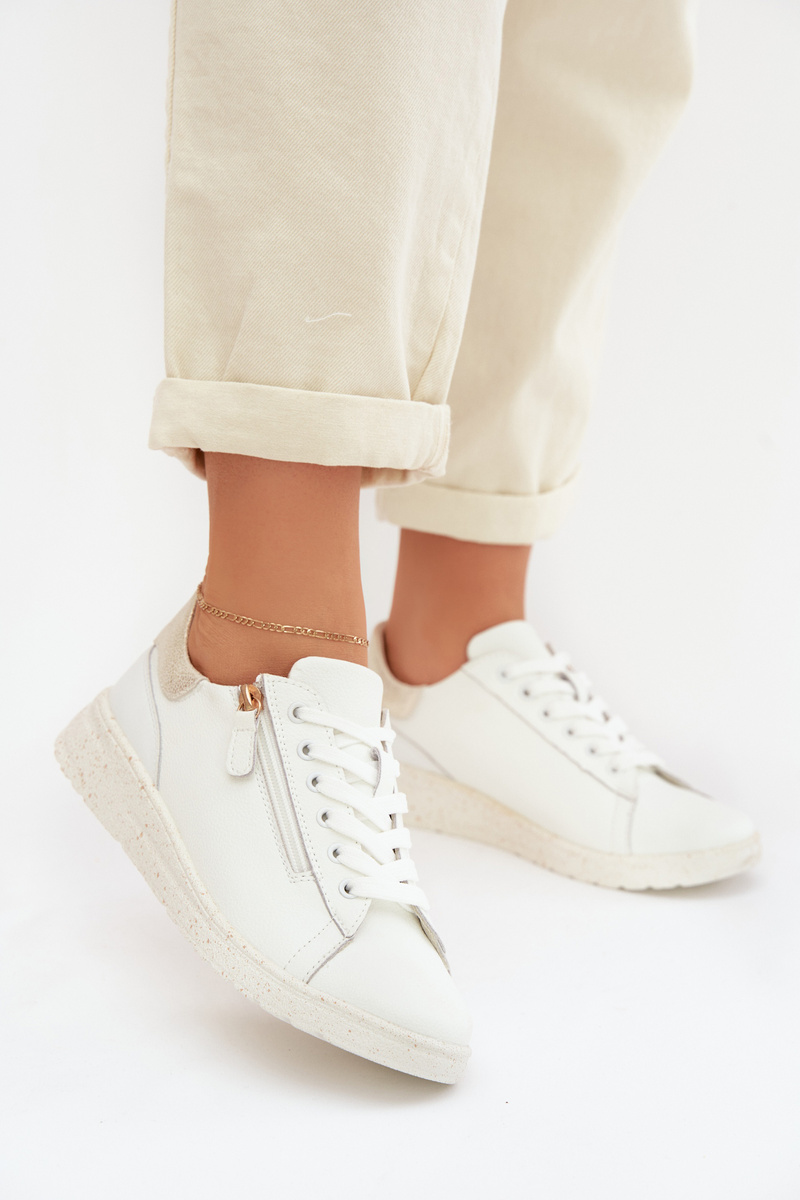 Дамски кожени мокасини EVENTO с цип, бяло-златисти