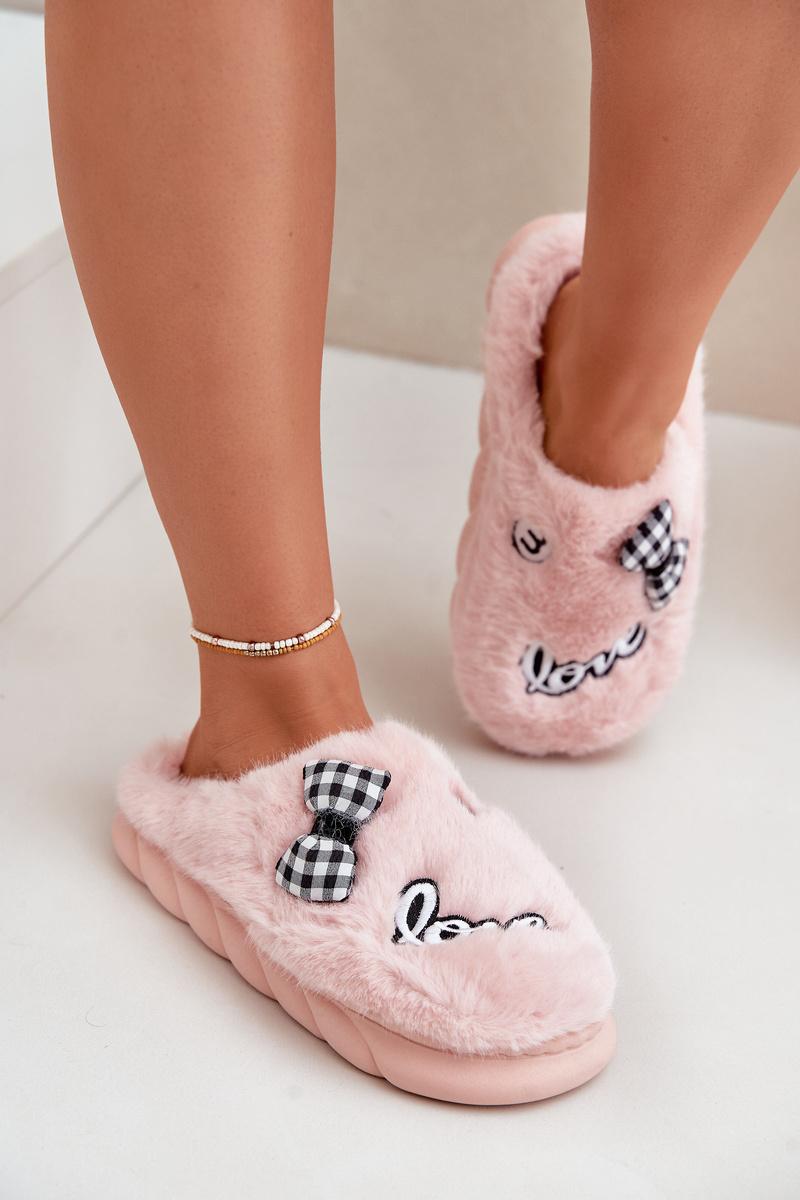 FK1 Women's Furry Slippers With Patches And Bow Pink Linnorelia