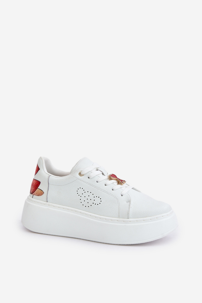 Women's Leather Platform Sneakers With Brooch And Decorative Flower White