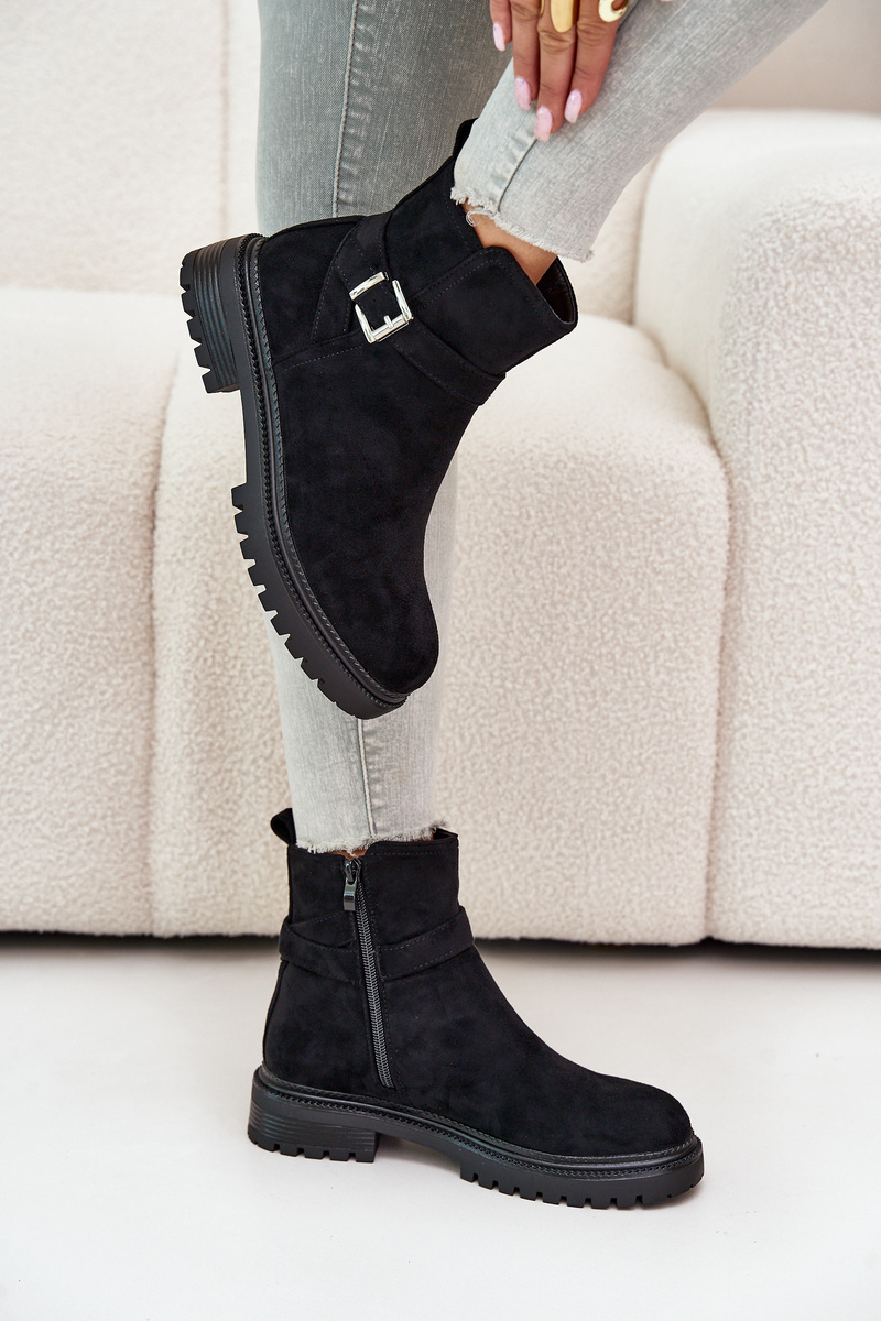 Insulated ankle boots eco suede with zip with buckle black zinovelle