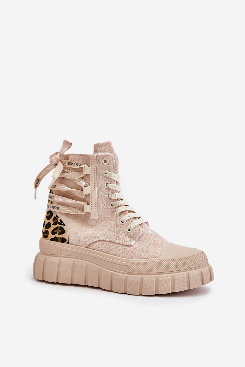 Women&#039;s platform ankle boots with decorative lacing Leopard light beige Edidda