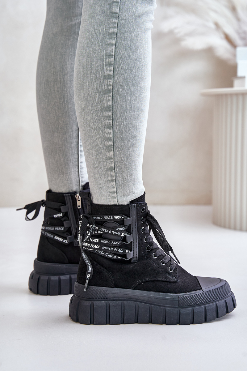 Women's platform ankle boots with decorative lacing black edidda