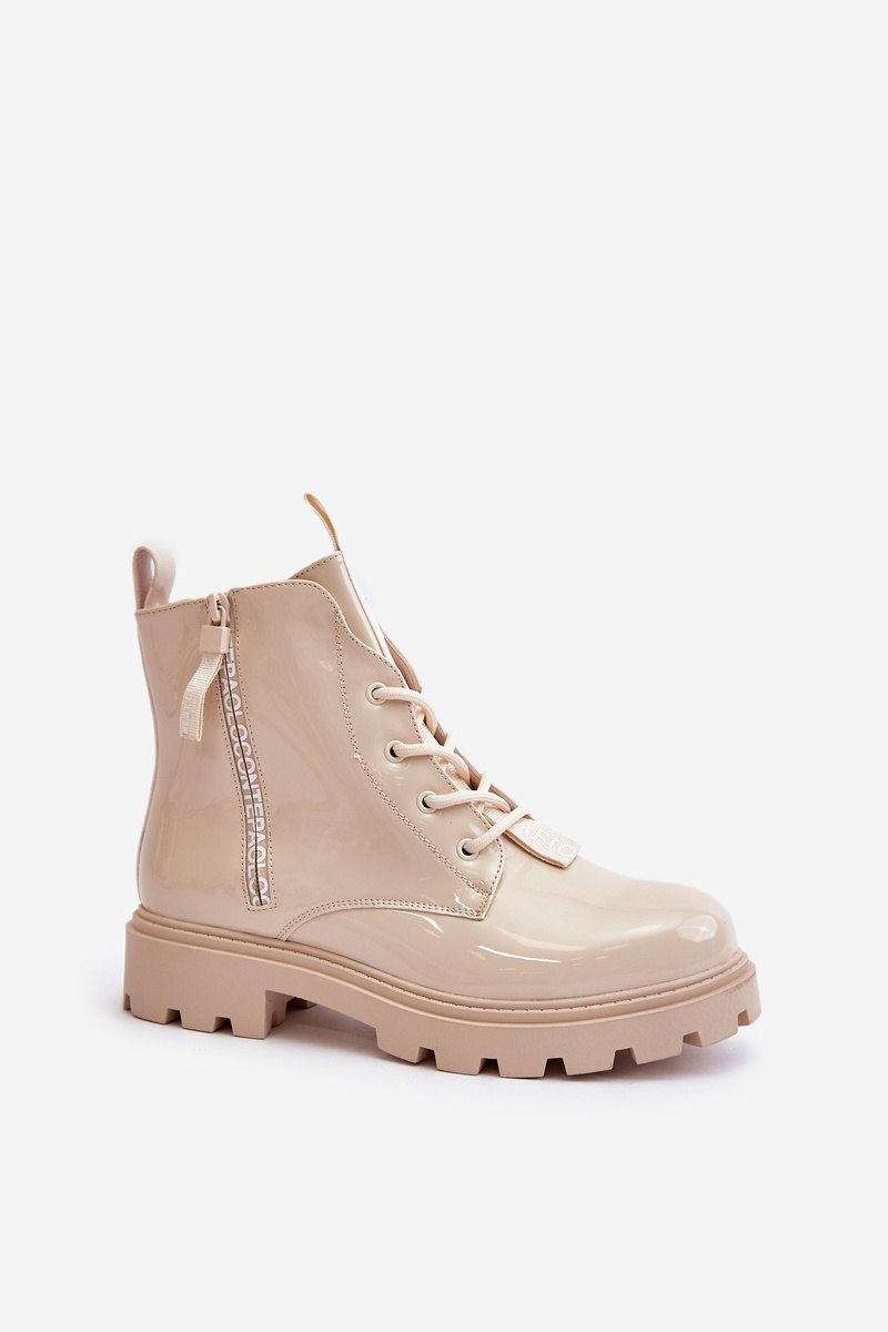 Patent Leather Ankle Boots Worker Women's Insulated with Beige Zinfreya Inscriptions