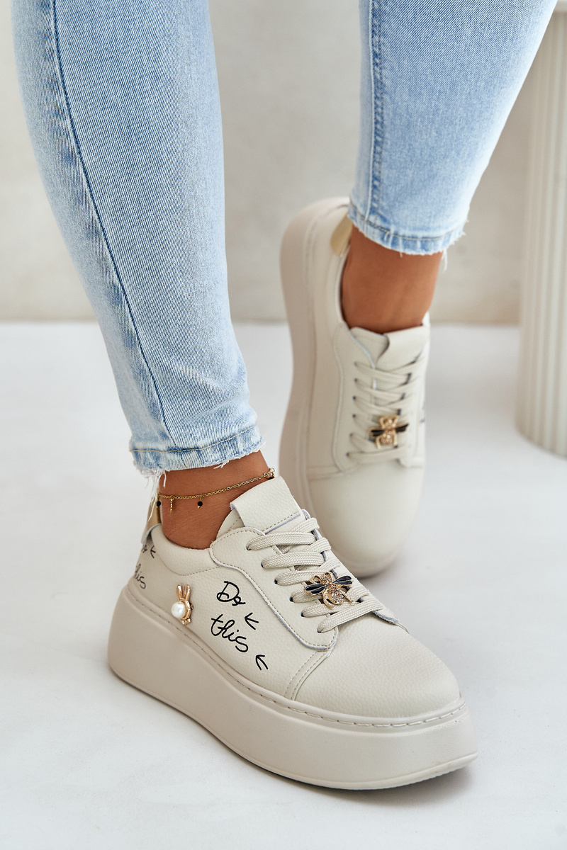 Women's Leather Platform Sneakers With Badges And Vinceza Beige Inscription