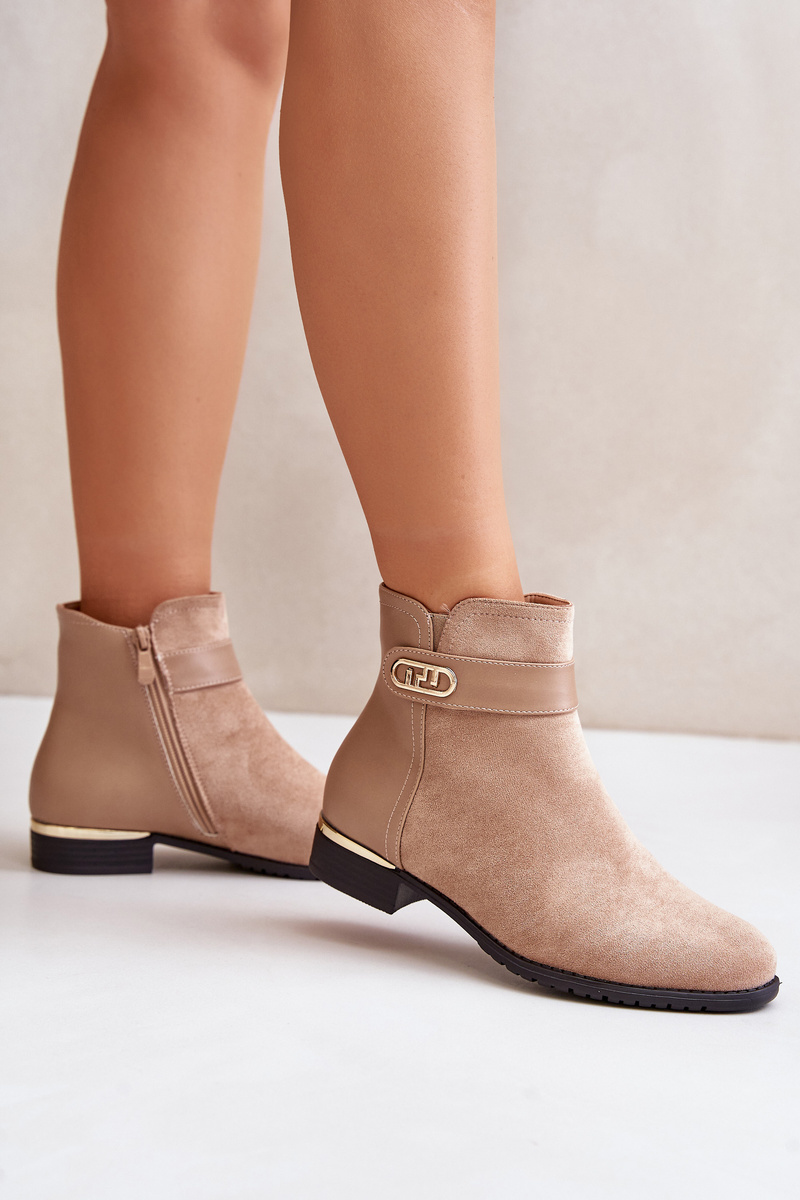 Insulated women's ankle boots on a flat heel with gold details beige Ravasira