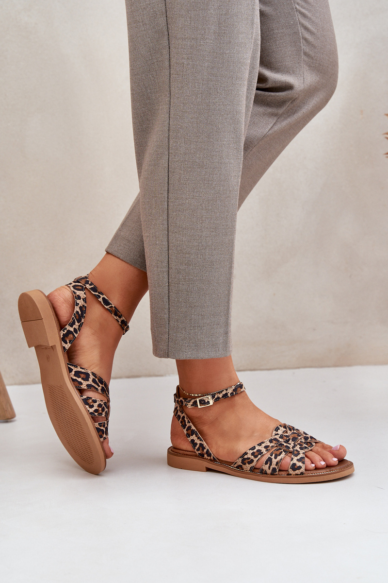 Lewski Shoes Kožené Dámske Sandále Na Plochéj Pätke Leopardí Zazoo 3688 Hnedé