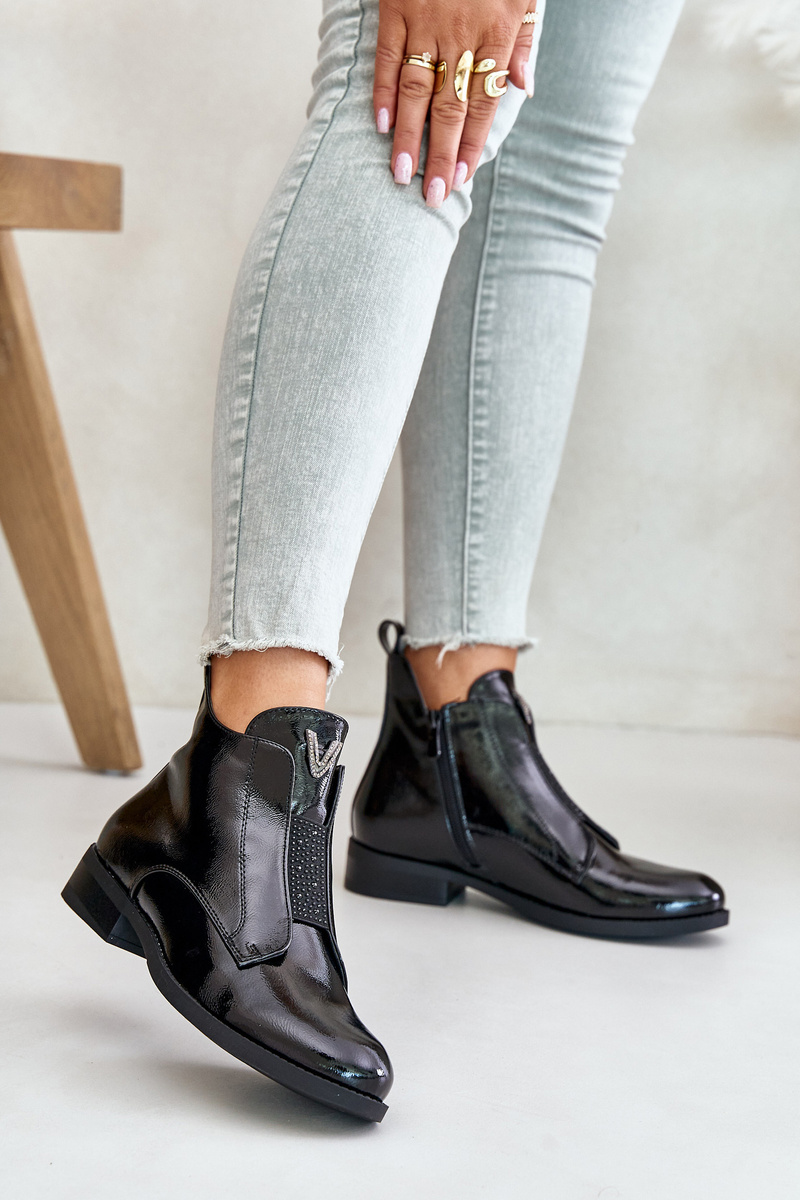 Patent leather women's ankle boots with a flat heel insulated black S.Barski black