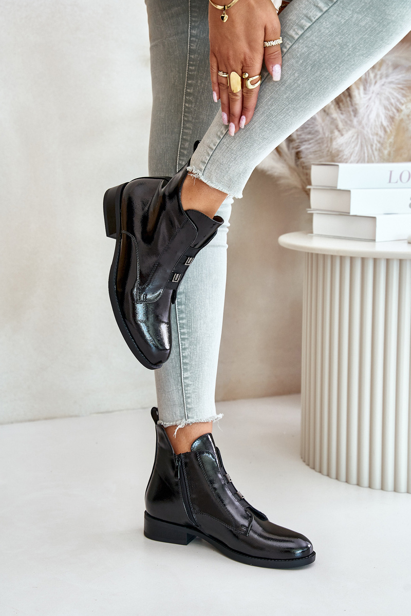 Patent leather ankle boots with zipper insulated flat heel S.Barski black
