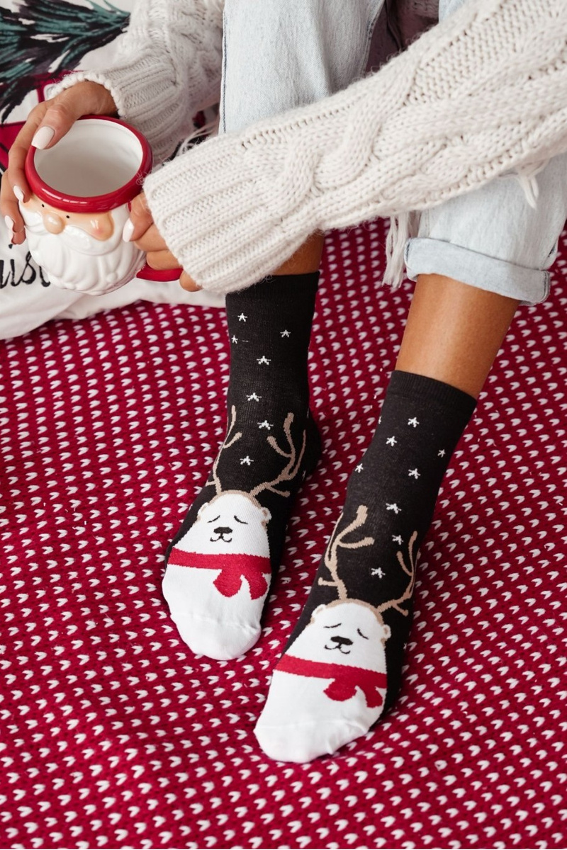 Milena Women's Christmas Socks Sleeping Bear Black