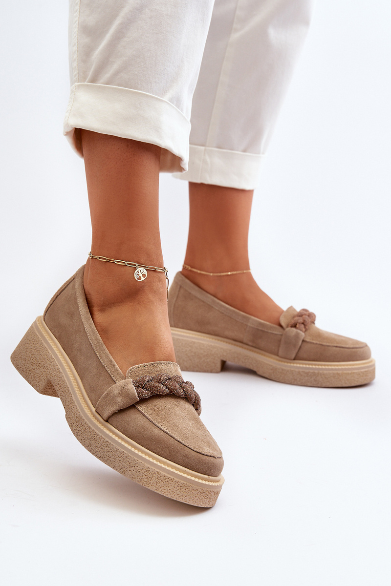 Women's Suede Moccasins With Decoration Beige Zazoo