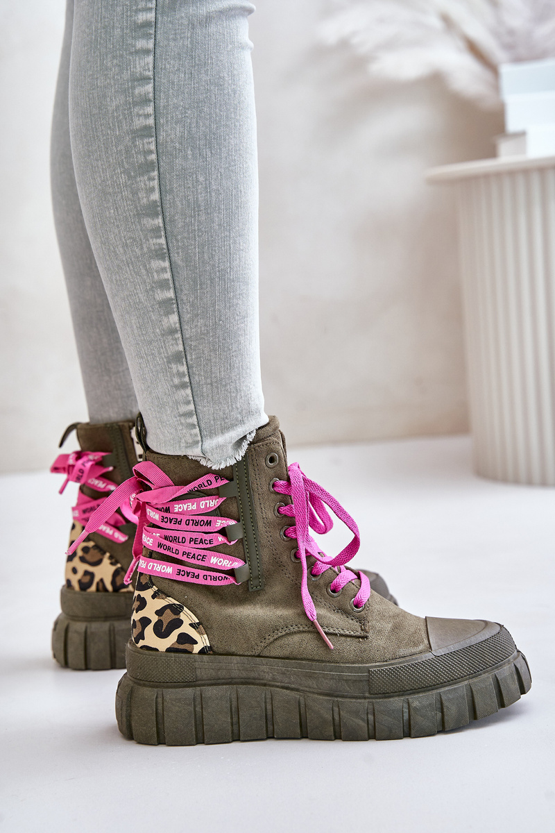 Women's Platform Ankle Boots with Lace Up Leopard Pattern Green Edidda