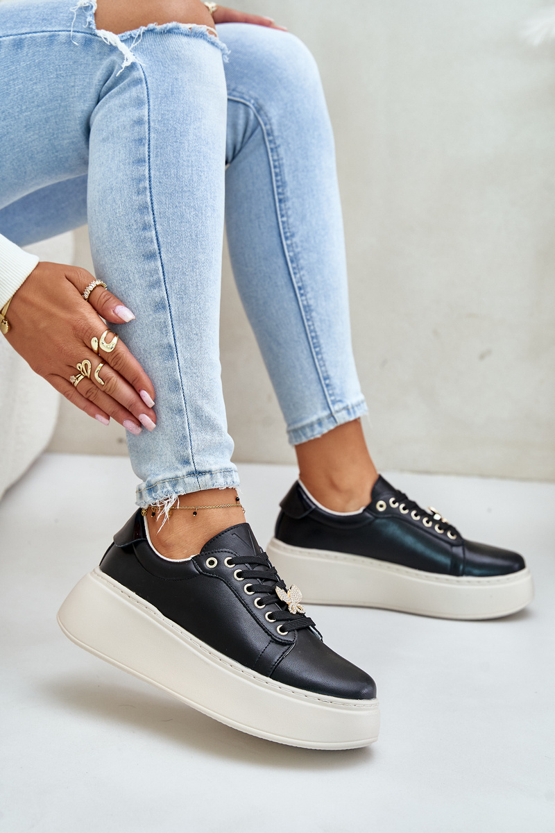 Women's leather platform sneakers with Vinceza brooch black