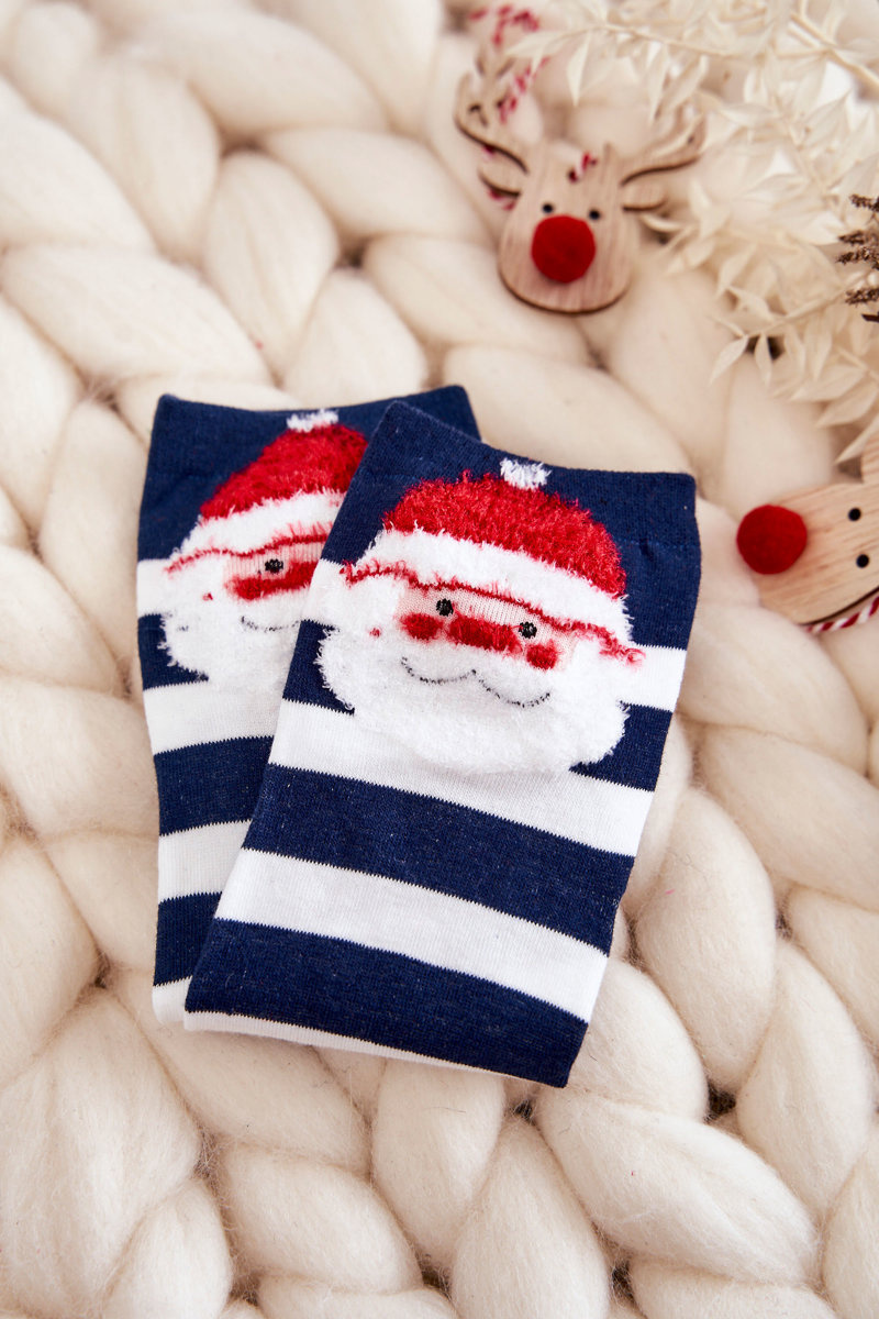 Just Play Women's Funny Christmas Socks In Stripes With Santa Claus Navy Blue And White