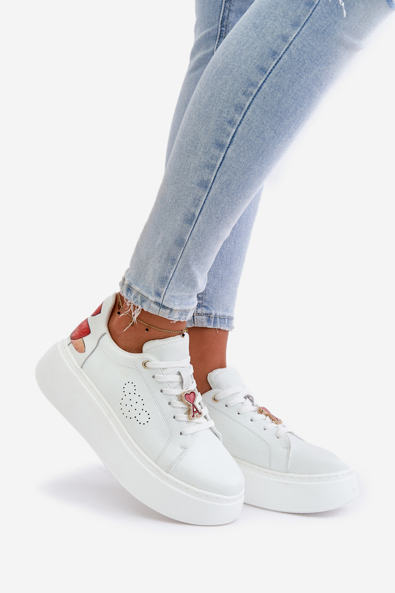 Women's Leather Platform Sneakers With Brooch And Decorative Flower White