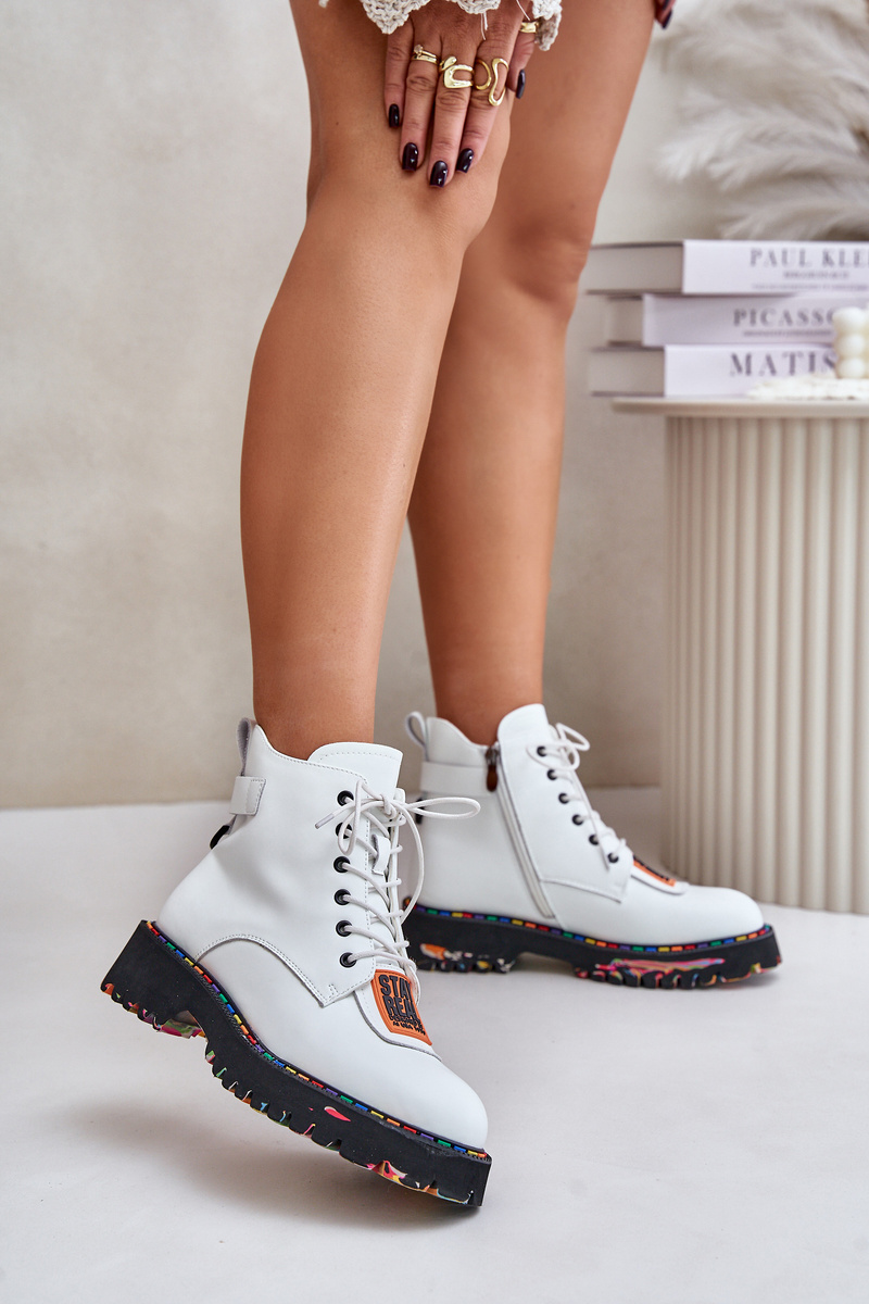 Women's Leather Ankle Boots Zipper Artiker White