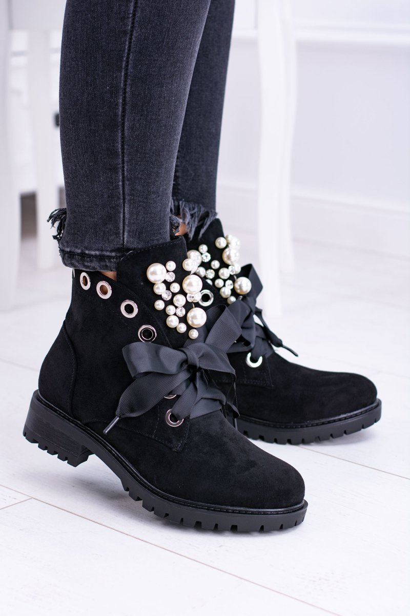 FI1 Suede Lined Ankle Boots With Pearls And Ribbon Black Perla