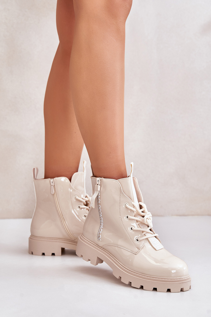 Patent Leather Ankle Boots Worker Women's Insulated with Beige Zinfreya Inscriptions