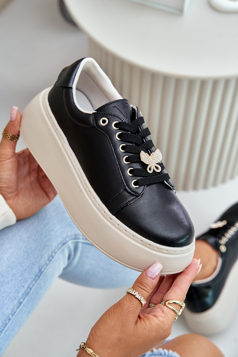 Women's leather platform sneakers with Vinceza brooch black