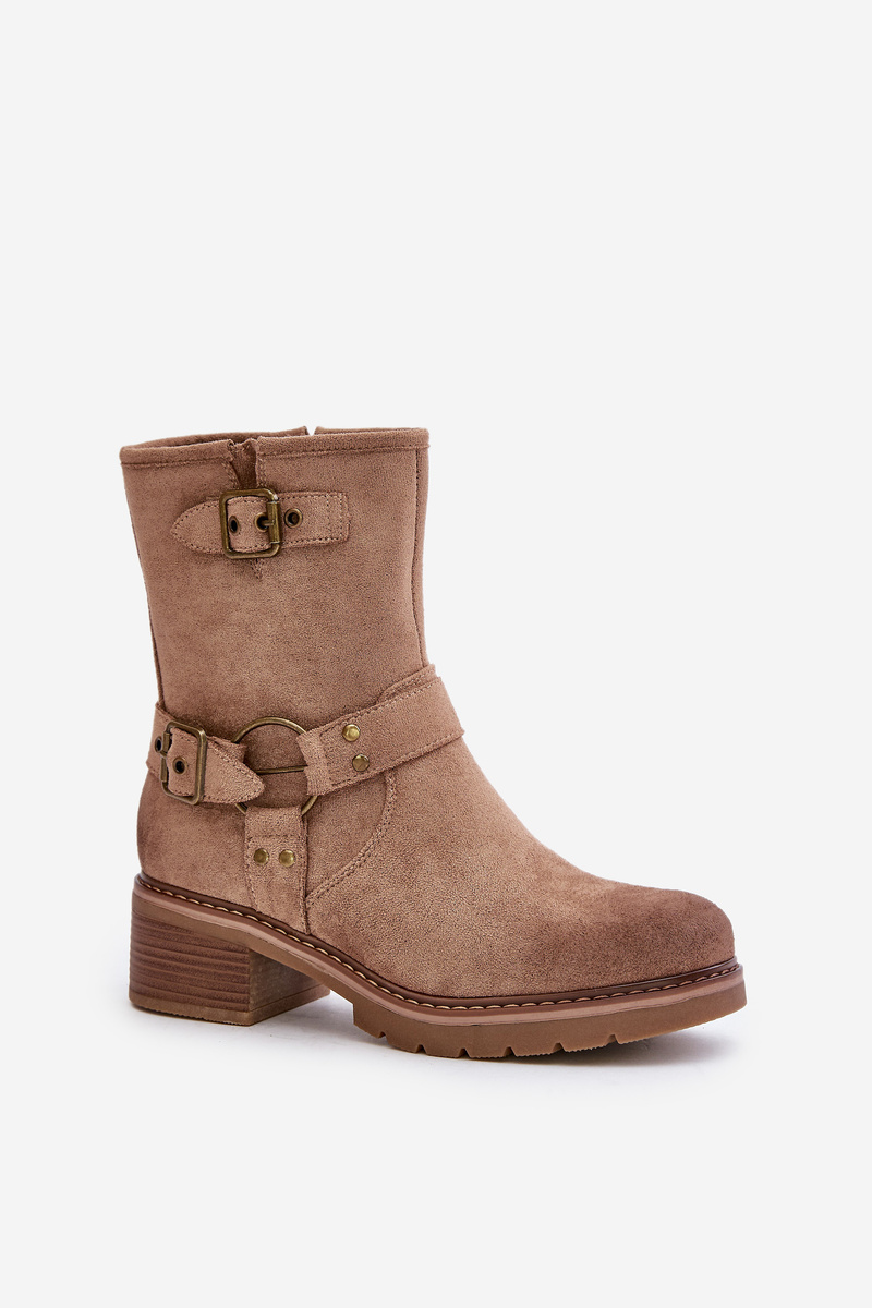 Women&#039;s ankle boots on a low heel with buckles dark beige Zudra