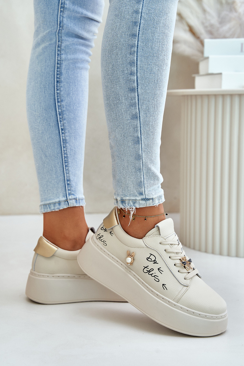 Women's Leather Platform Sneakers With Badges And Vinceza Beige Inscription
