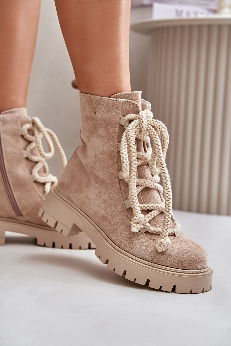 Insulated ankle boots made of eco suede with a zip light beige Caellita