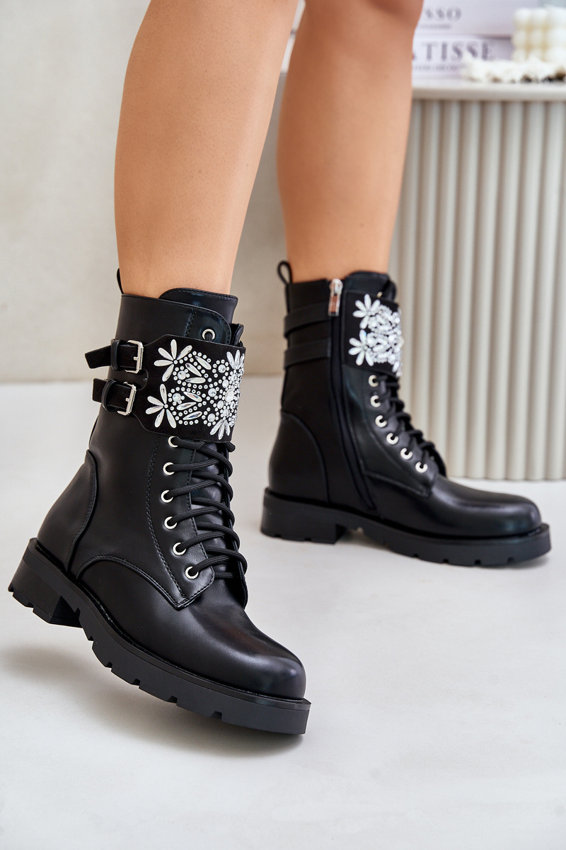 Insulated Workers Ankle Boots With Decorative Strap And Buckles Black Viveria