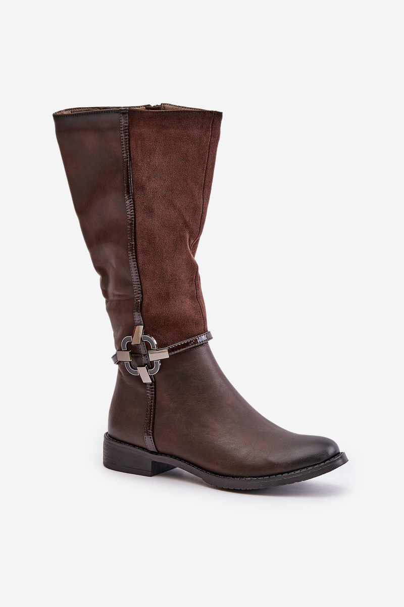 Insulated flat heel boots with decorative buckle brown Leatharia
