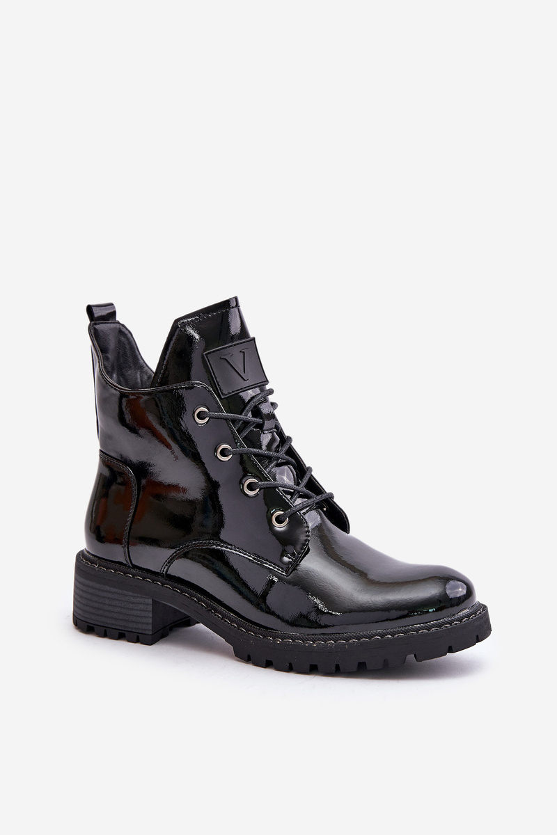 Insulated women's ankle boots on a low heel lacquered Vinceza black