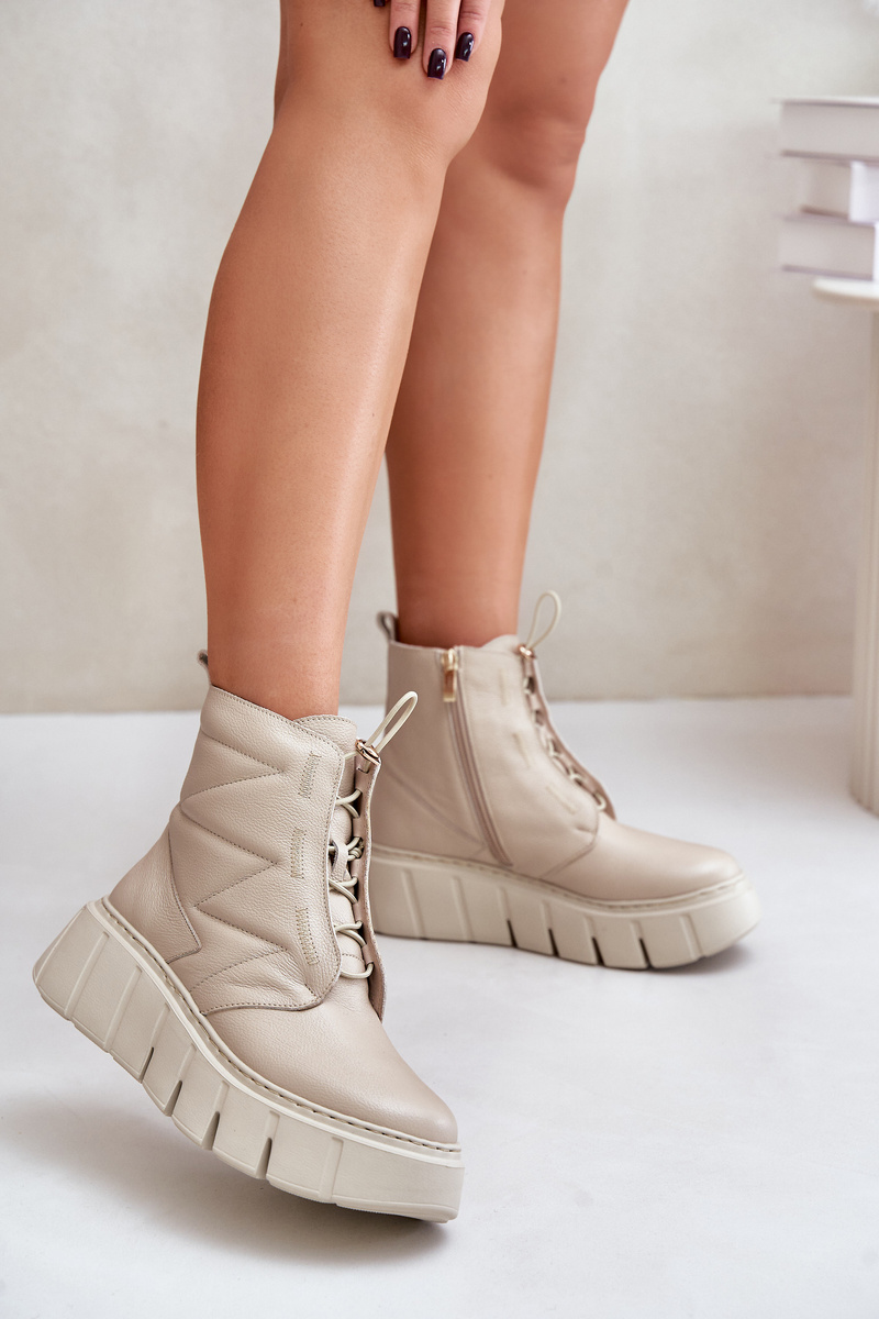 Zazoo Leather Ankle Boots On Platform And Wedge Beige