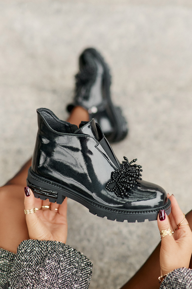 Leather patent leather ankle boots with decoration insulated D&amp;A black