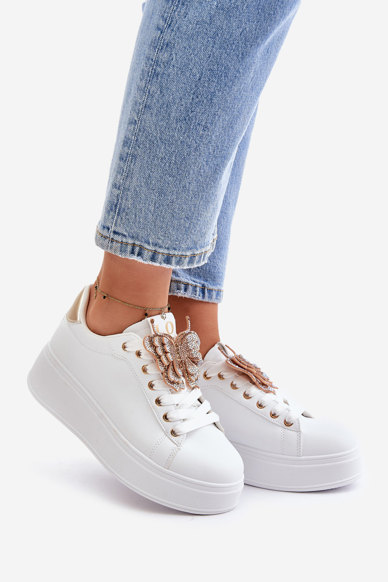 Women's platform sneakers with a butterfly white-gold Naritevia