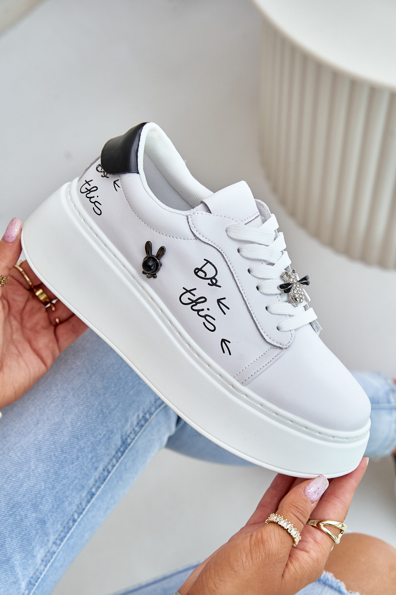 Women's Leather Platform Sneakers With Badges And Vinceza Inscription White