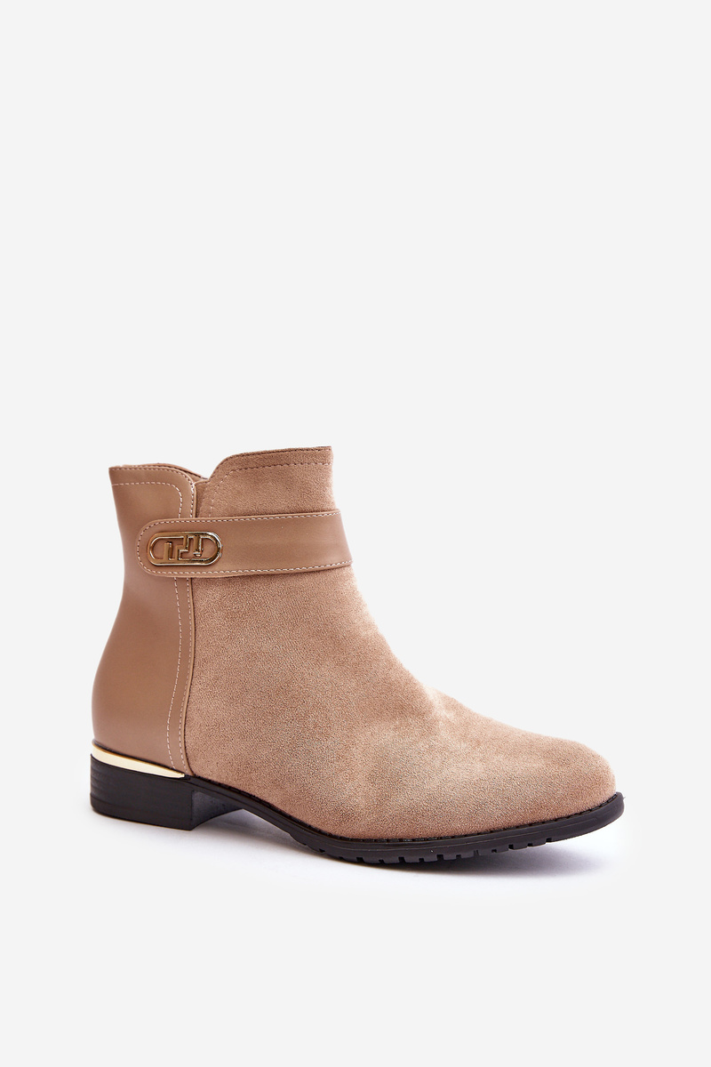 Insulated women's ankle boots on a flat heel with gold details beige Ravasira