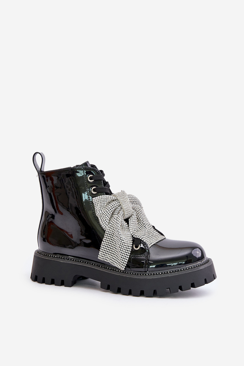 Patent leather women&#039;s ankle boots with bow black Ocenttia