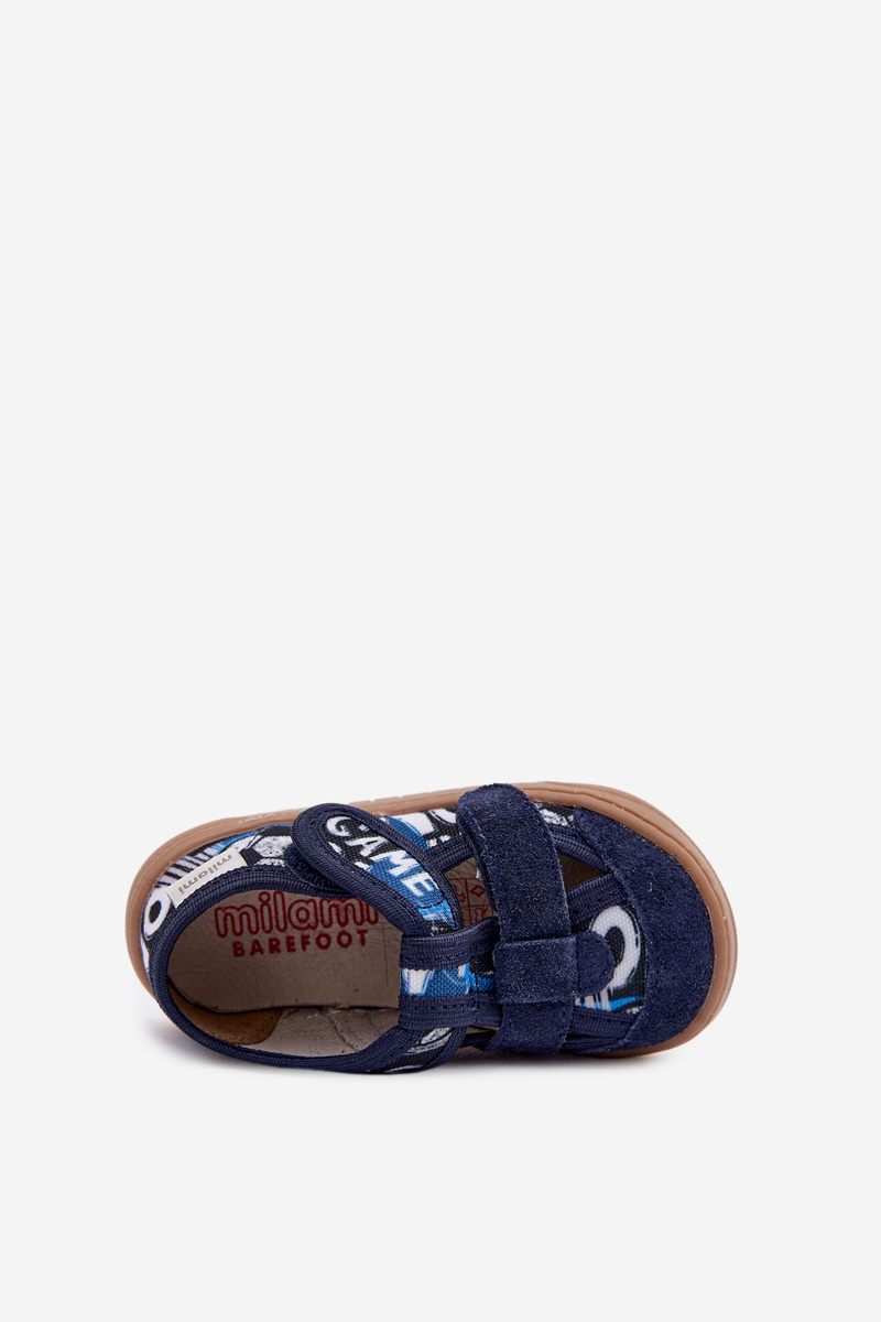 Detské barefoot papučky Milami námornícka modrá s loptičkami