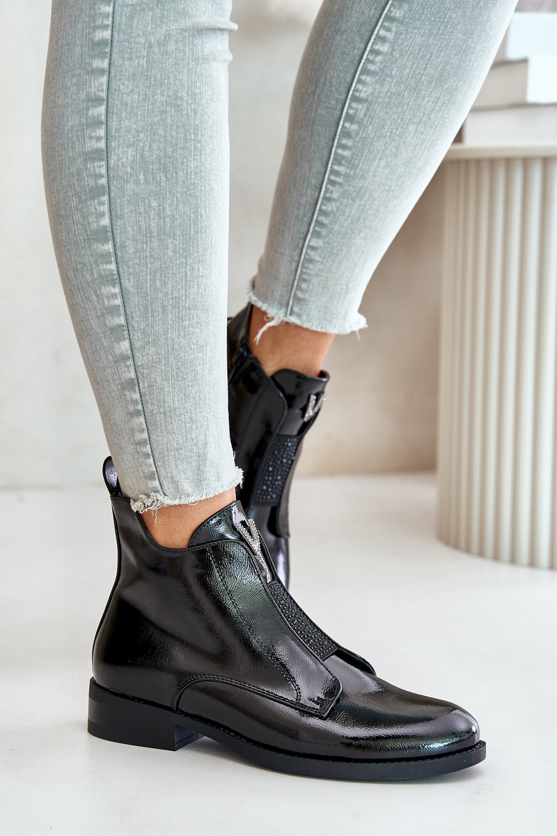 Patent leather women's ankle boots with a flat heel insulated black S.Barski black