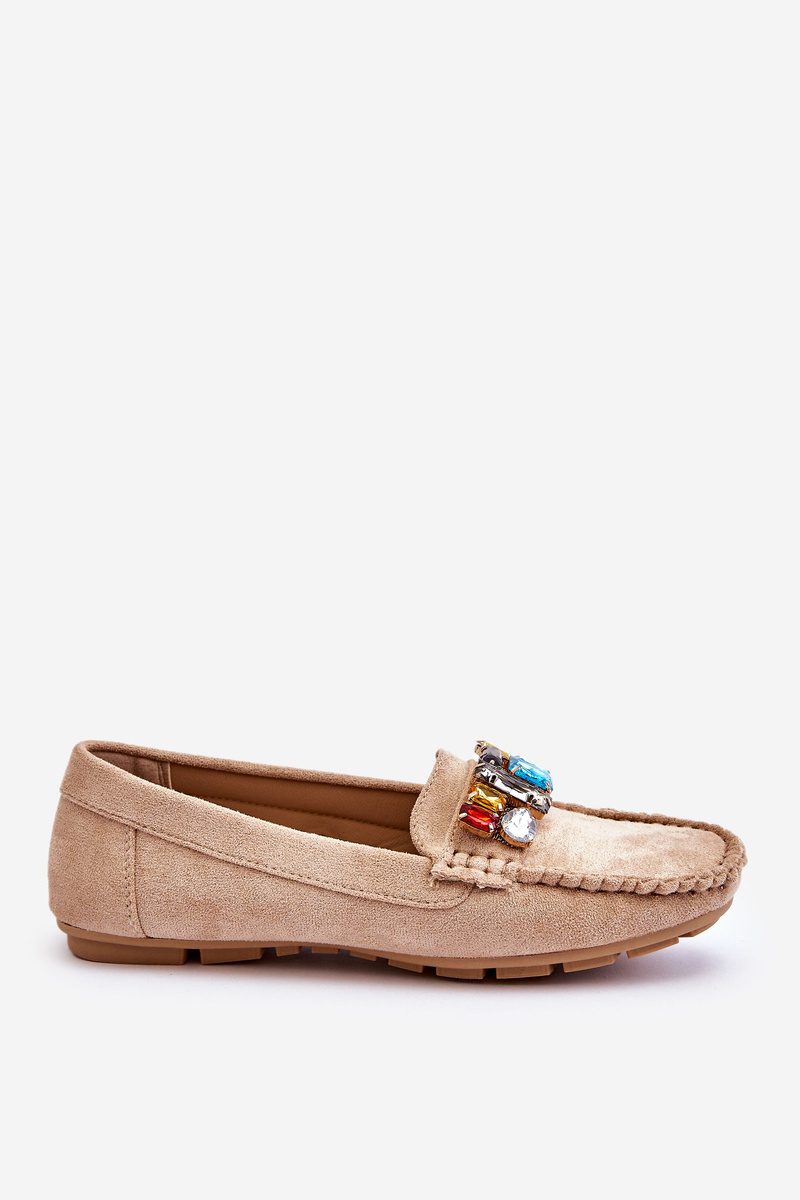 Women&#039;s suede moccasins with crystals Beige Lucille