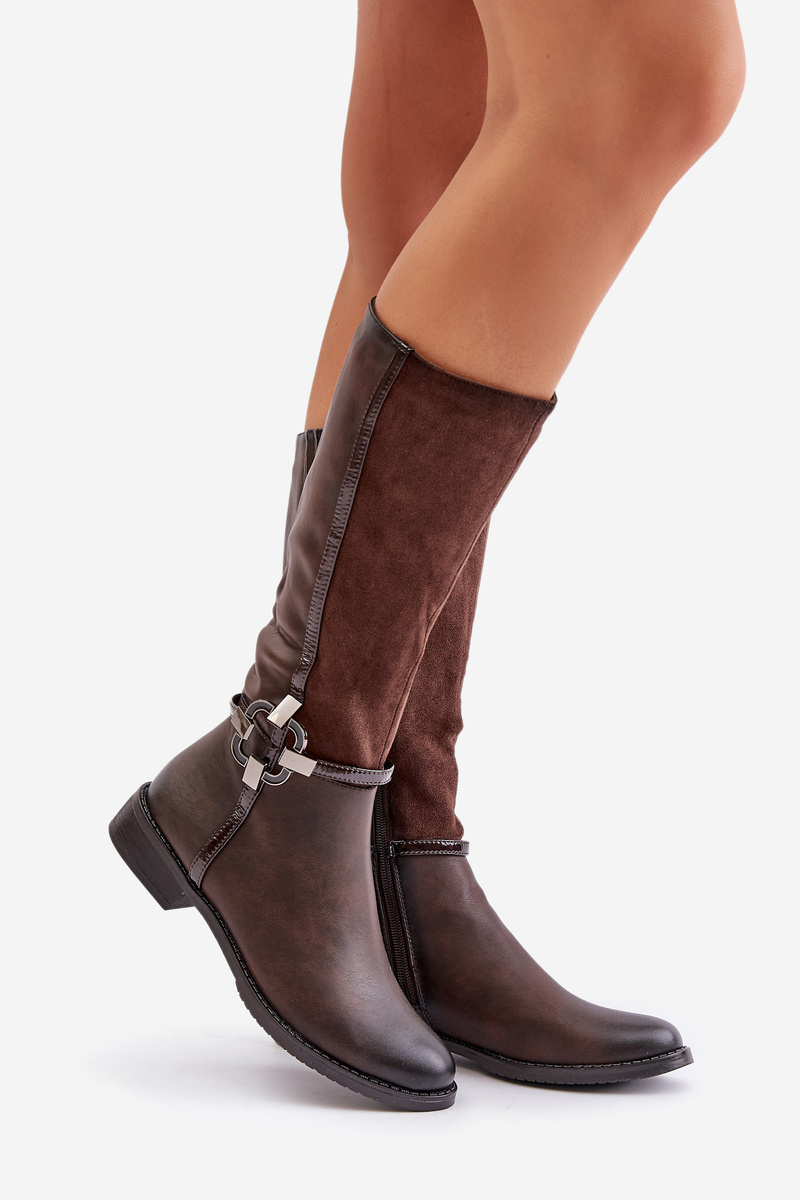 Insulated flat heel boots with decorative buckle brown Leatharia