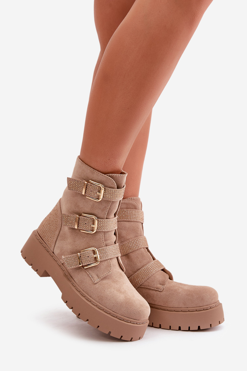 Insulated women's ankle boots with buckles beige Tiaeliana