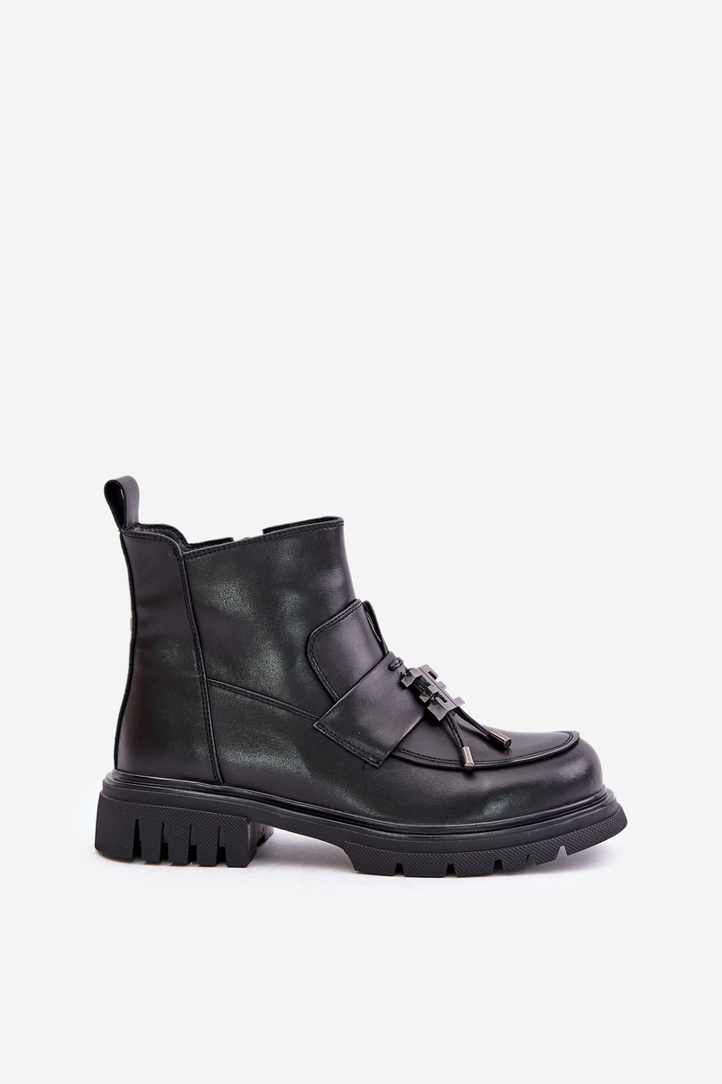 Leather ankle boots on a flat heel with a black insulated black Asperra decoration