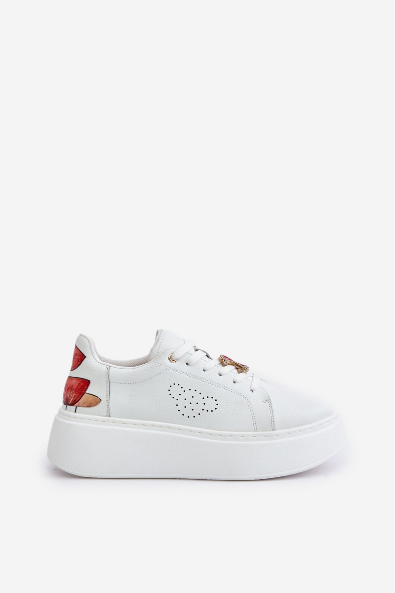 Women's Leather Platform Sneakers With Brooch And Decorative Flower White