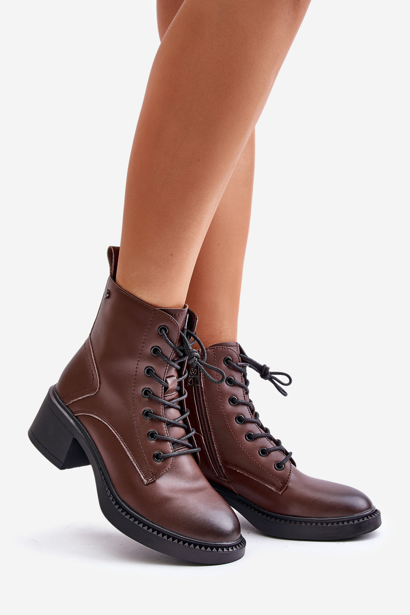 Insulated women's ankle boots on a low heel made of natural leather Vinceza brown