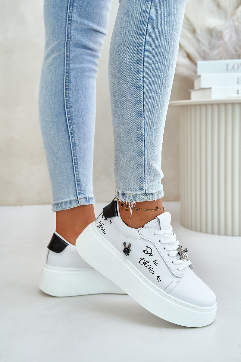 Women's Leather Platform Sneakers With Badges And Vinceza Inscription White