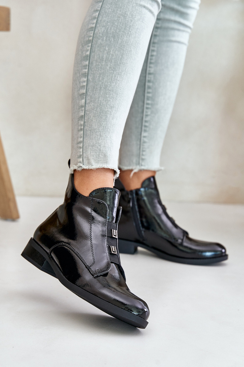Patent leather ankle boots with zipper insulated flat heel S.Barski black